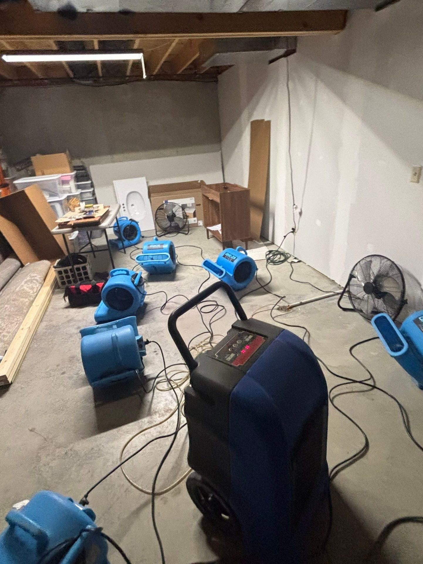 Air movers and dehumidifier drying a water-damaged concrete basement
