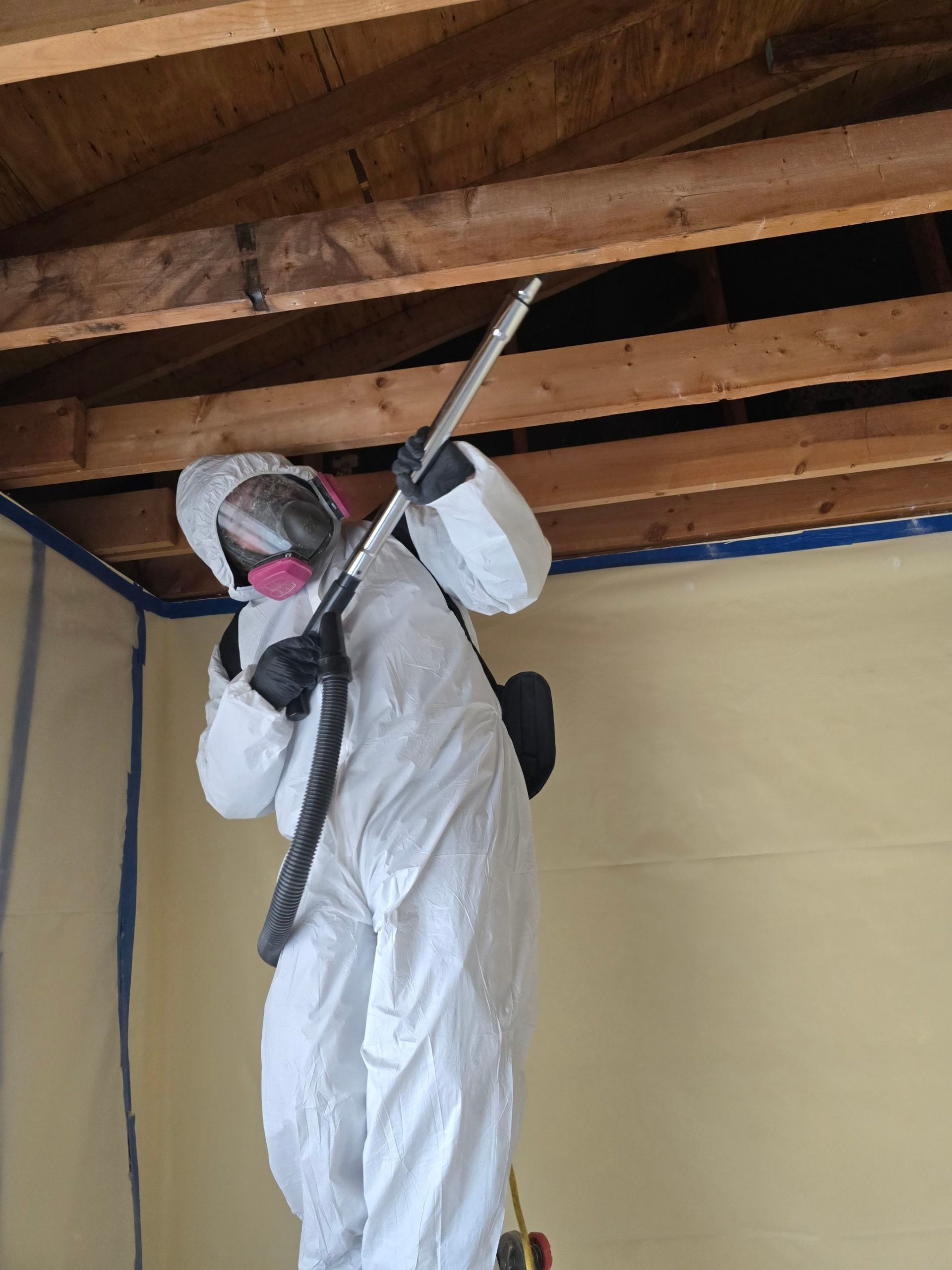 C2G Environmental technician wearing protective coveralls and a full-face respirator vacuuming exposed wooden ceiling joists during an asbestos abatement cleanup.
