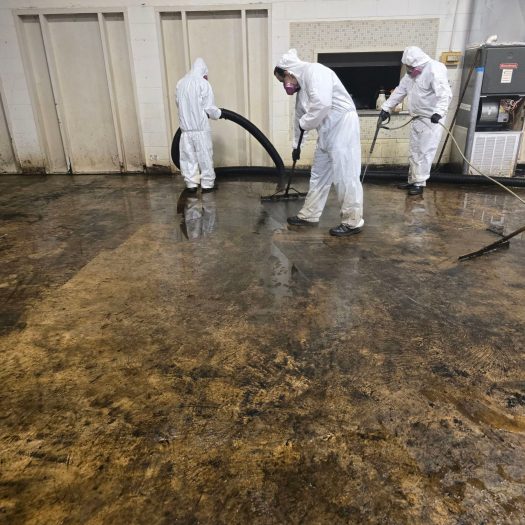 C2G Environmental technician removing asbestos floor adhesive during an abatement project